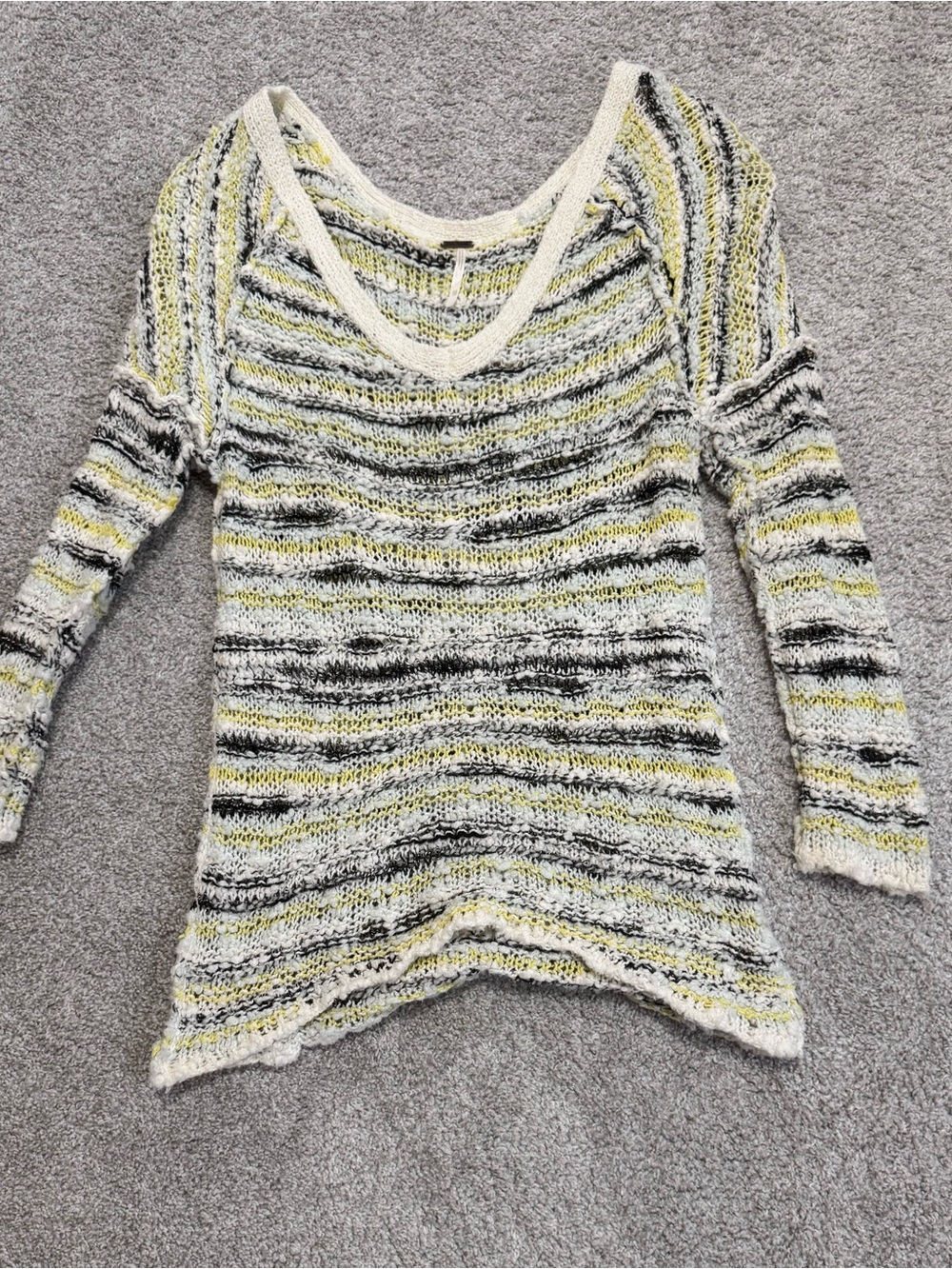 Free People Striped Scoop-Neck Knit Sweater in Cream, Yellow, and Gray